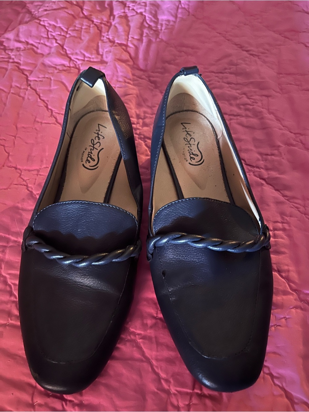 Life Stride Navy Blue Braided-Trim Leather Loafers size 10